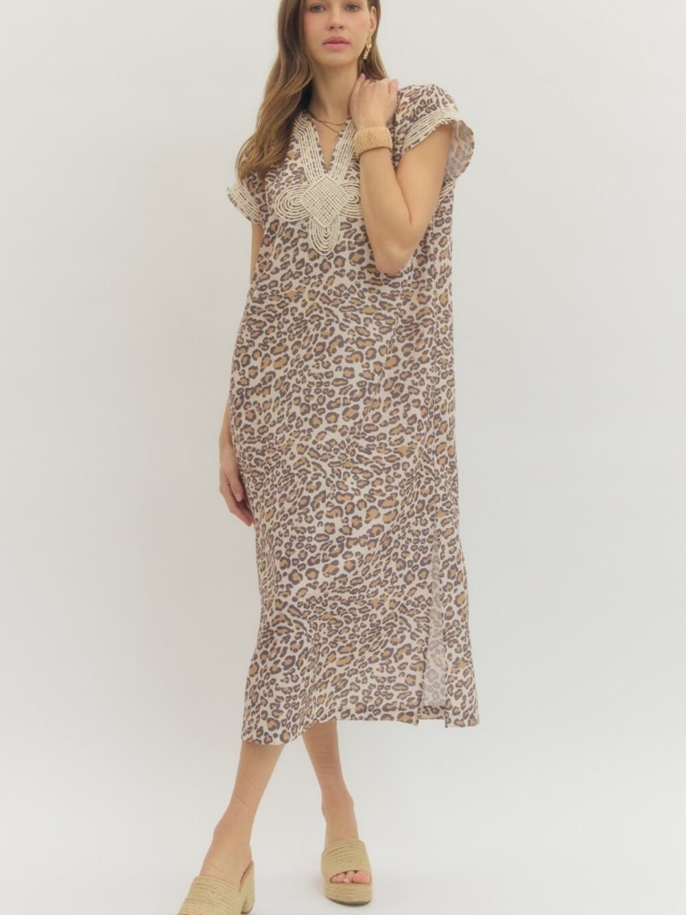 Leopard print short sleeve midi dress featuring braided applique detail at front